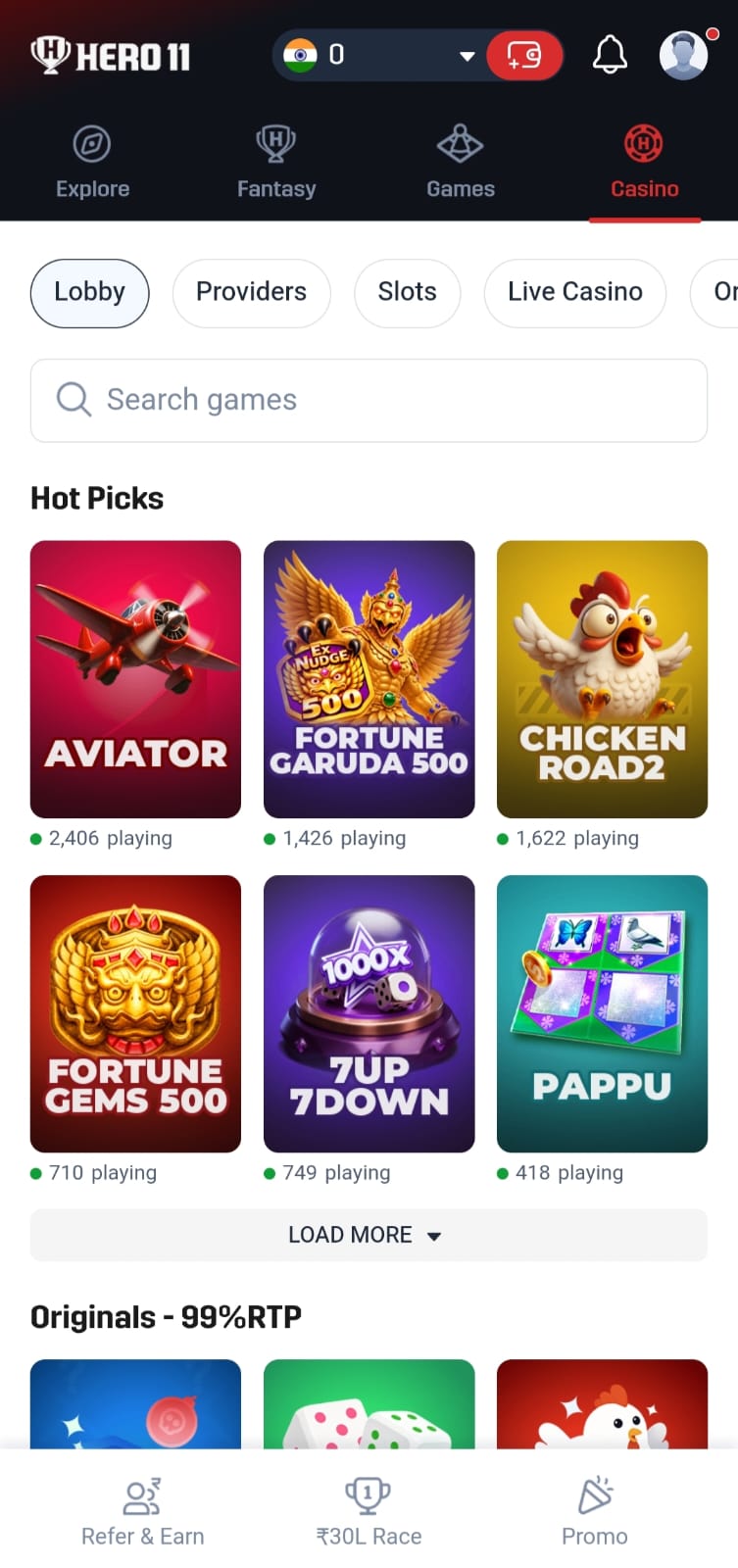 Phone showing the Hero11 Casino tab.