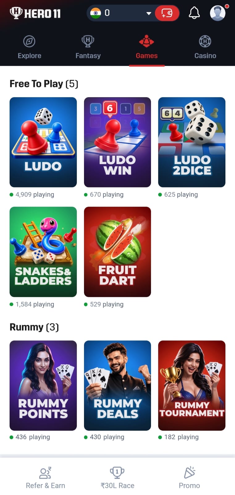 Phone showing the Hero11 Games tab.
